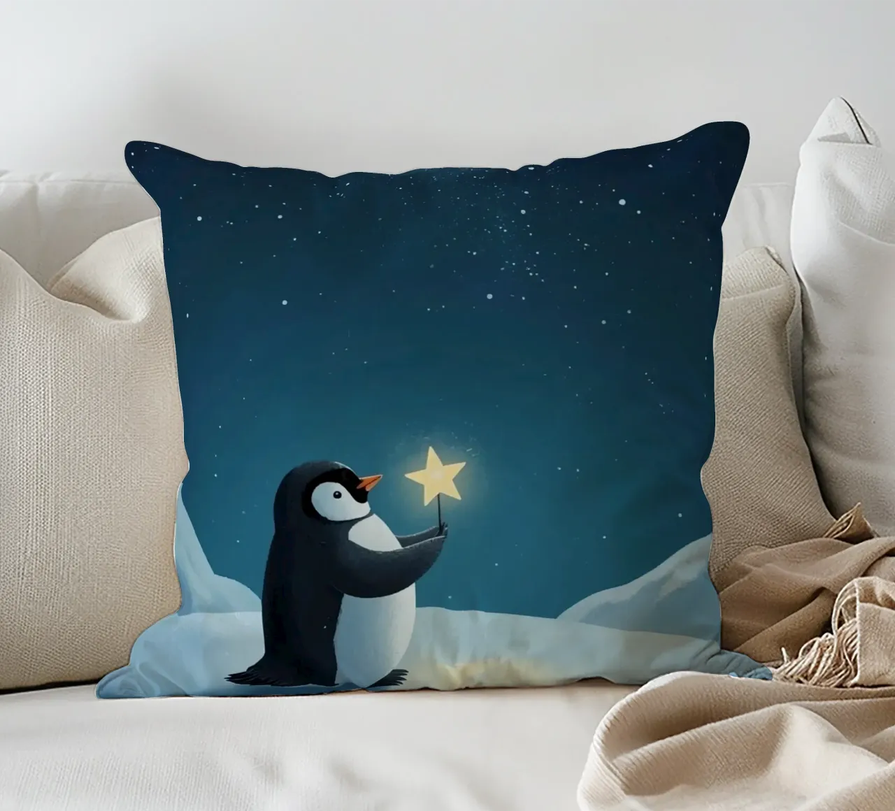 Pinguino con stella su collina innevata di notte cuscino da DesignDoodle