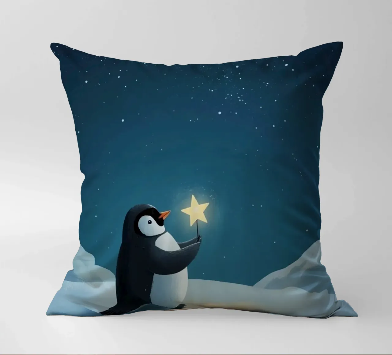 Pinguino con stella su collina innevata di notte cuscino da DesignDoodle