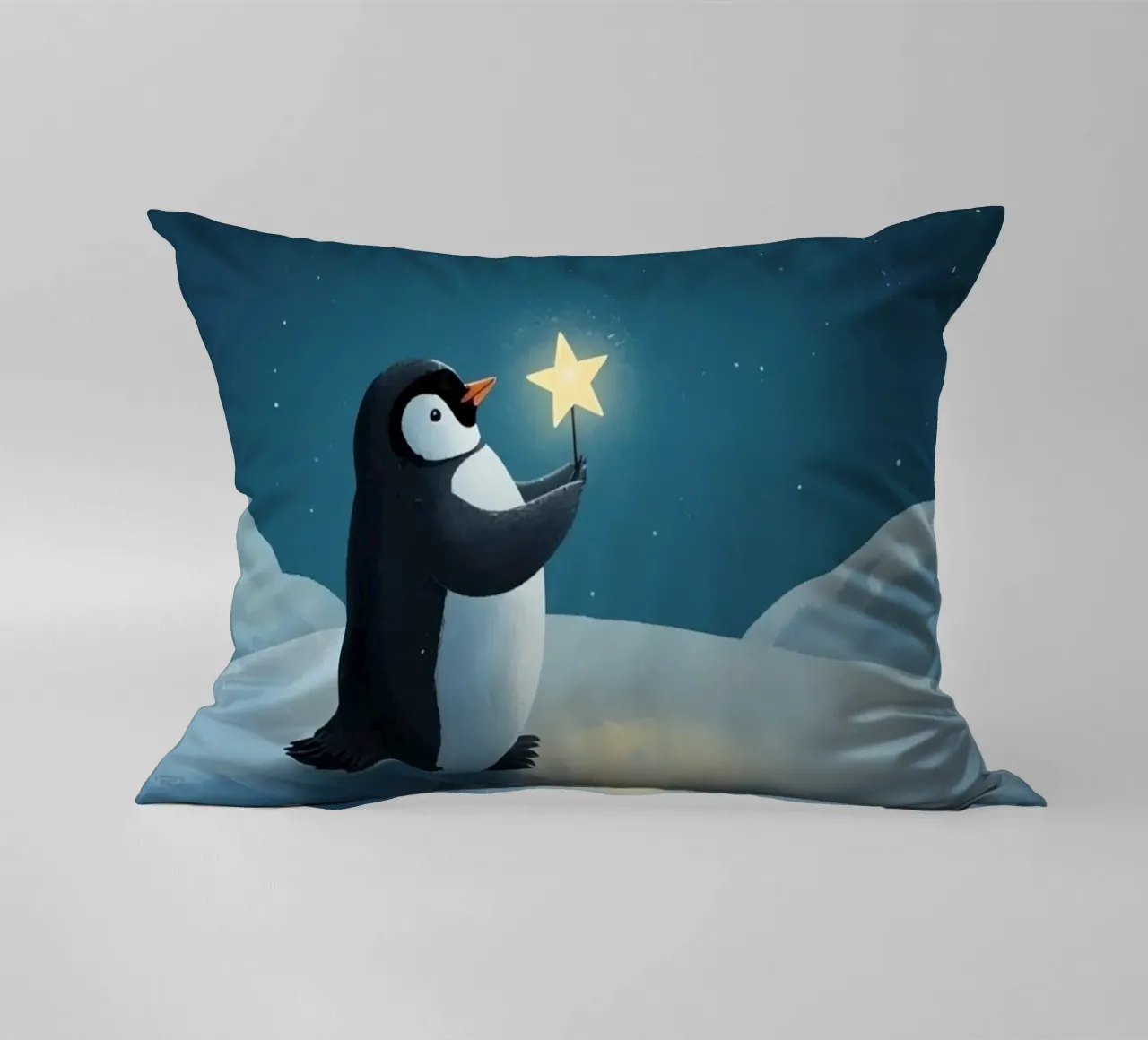 Pinguino con stella su collina innevata di notte cuscino da DesignDoodle