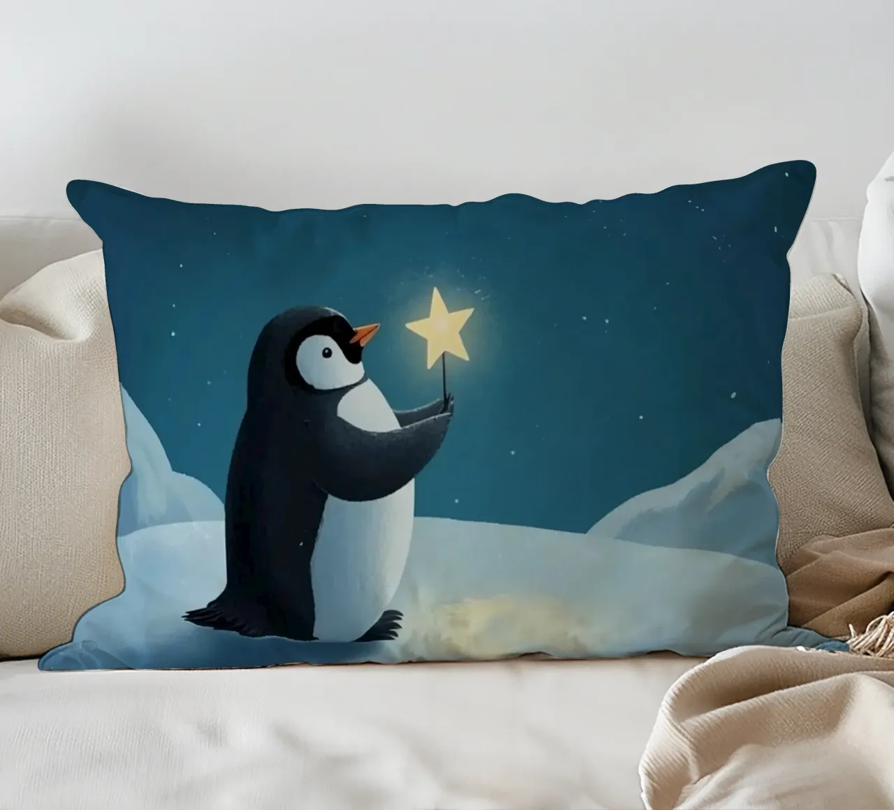 Pinguino con stella su collina innevata di notte cuscino da DesignDoodle