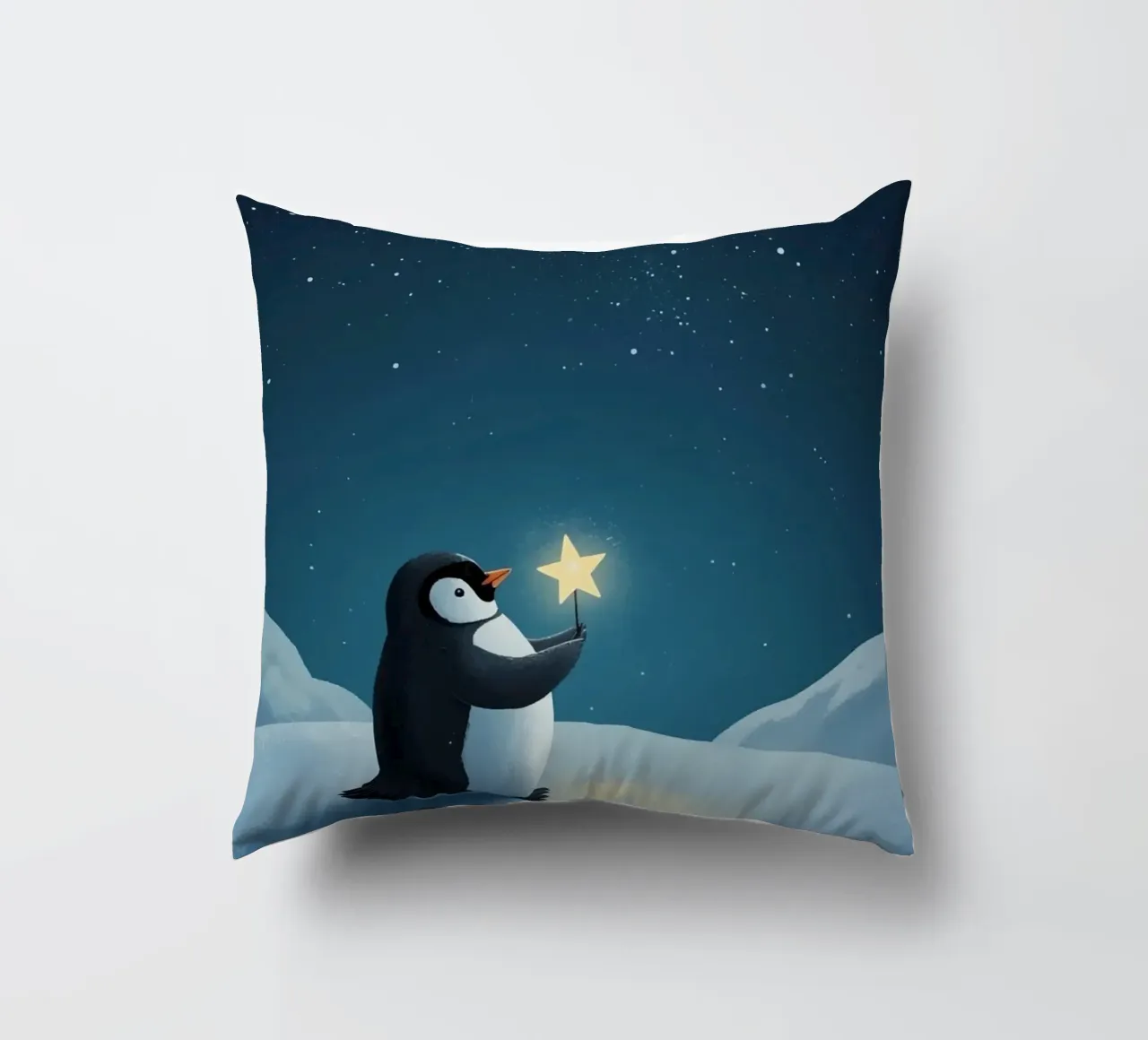 Pinguino con stella su collina innevata di notte cuscino da DesignDoodle