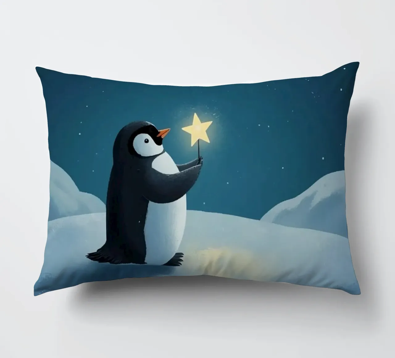 Pinguino con stella su collina innevata di notte cuscino da DesignDoodle