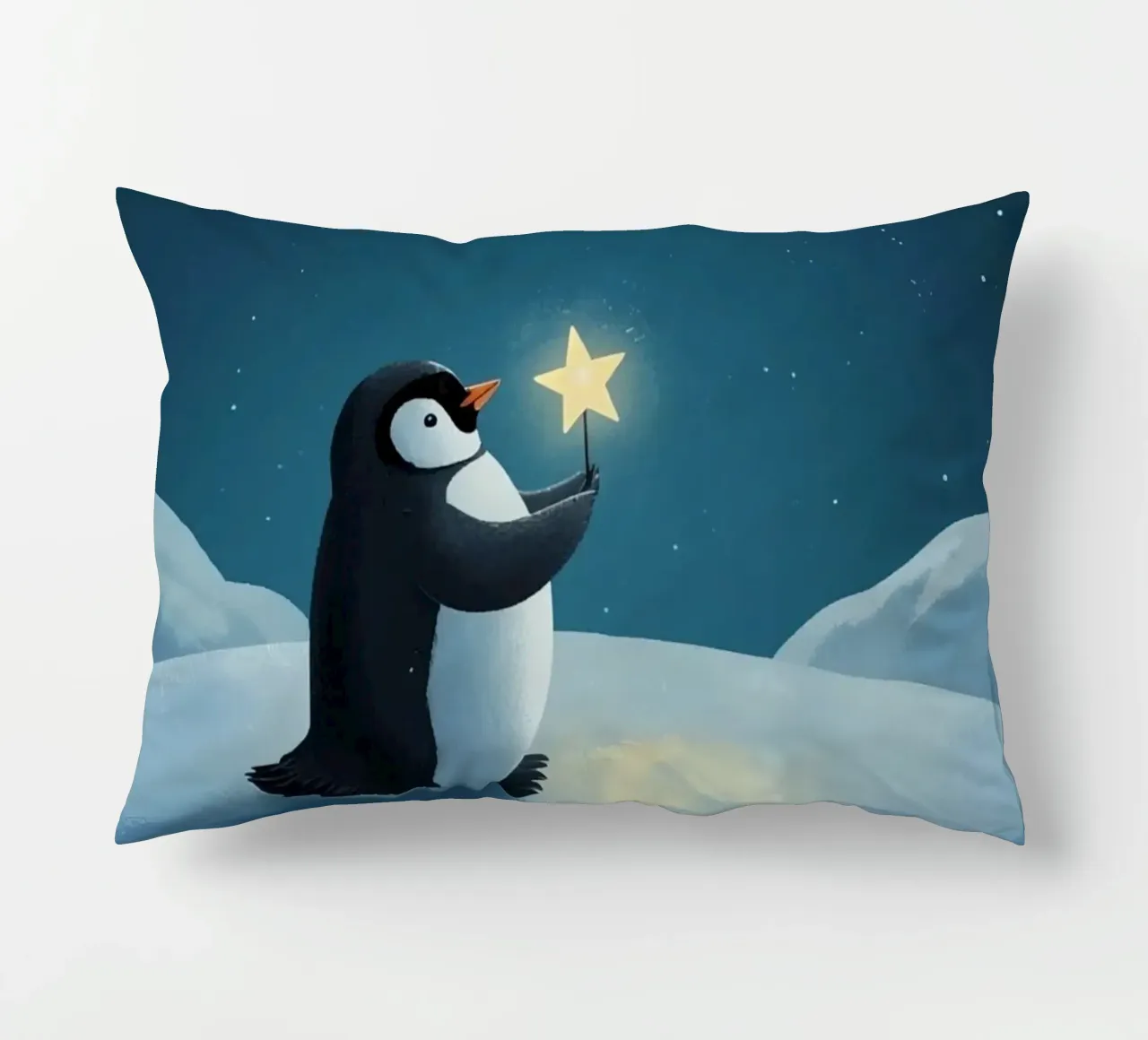 Pinguino con stella su collina innevata di notte cuscino da DesignDoodle
