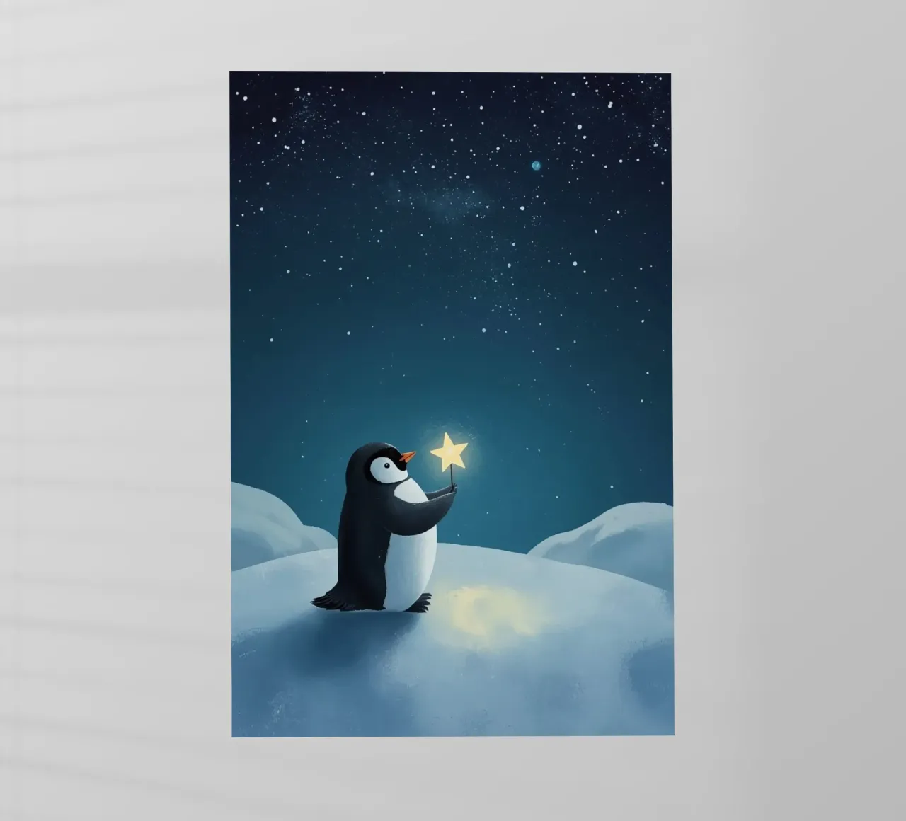 Pinguino con stella su collina innevata di notte pellicola backlit da DesignDoodle