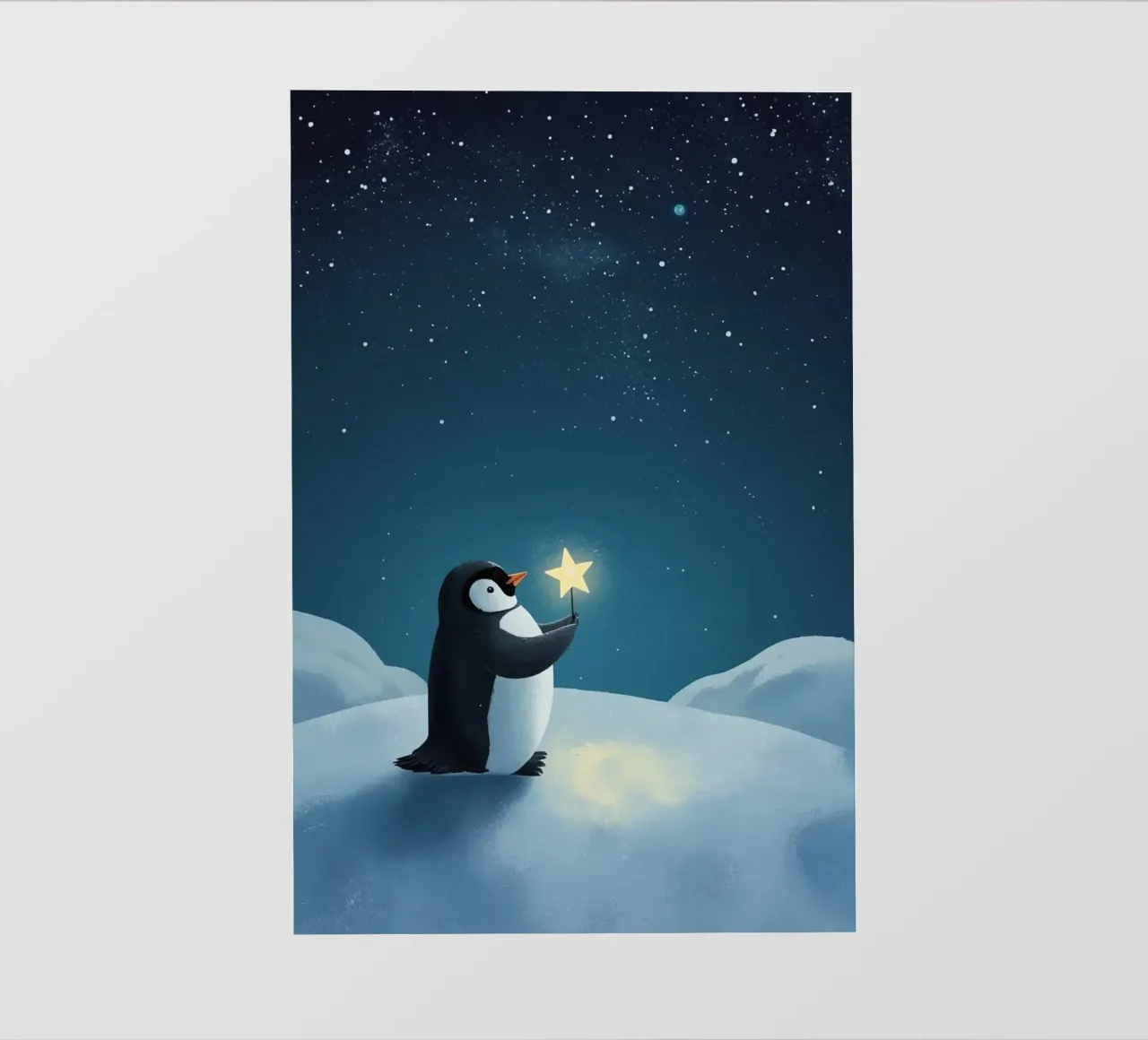 Pinguino con stella su collina innevata di notte pellicola backlit da DesignDoodle