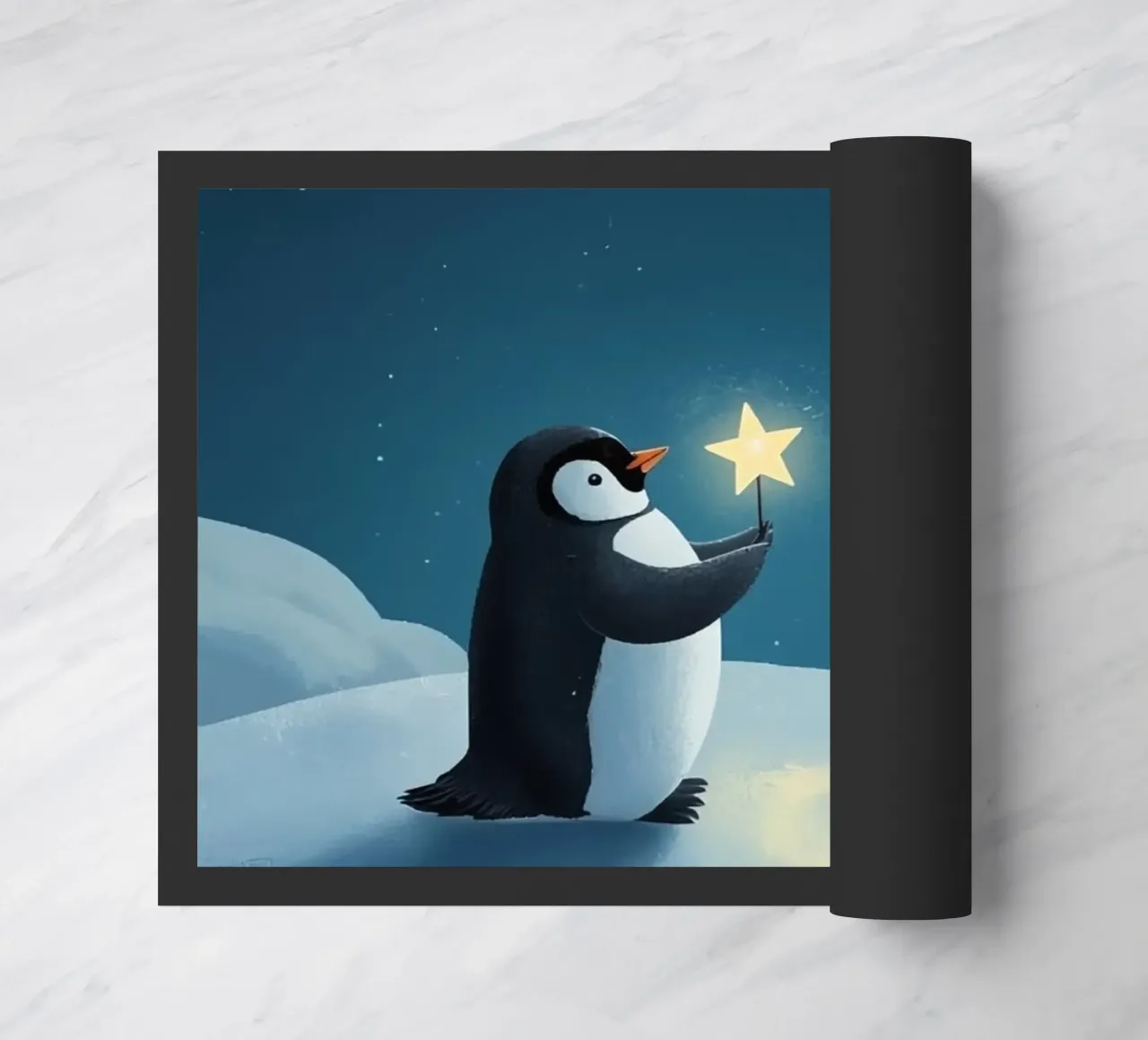 Pinguino con stella su collina innevata di notte zerbino da DesignDoodle