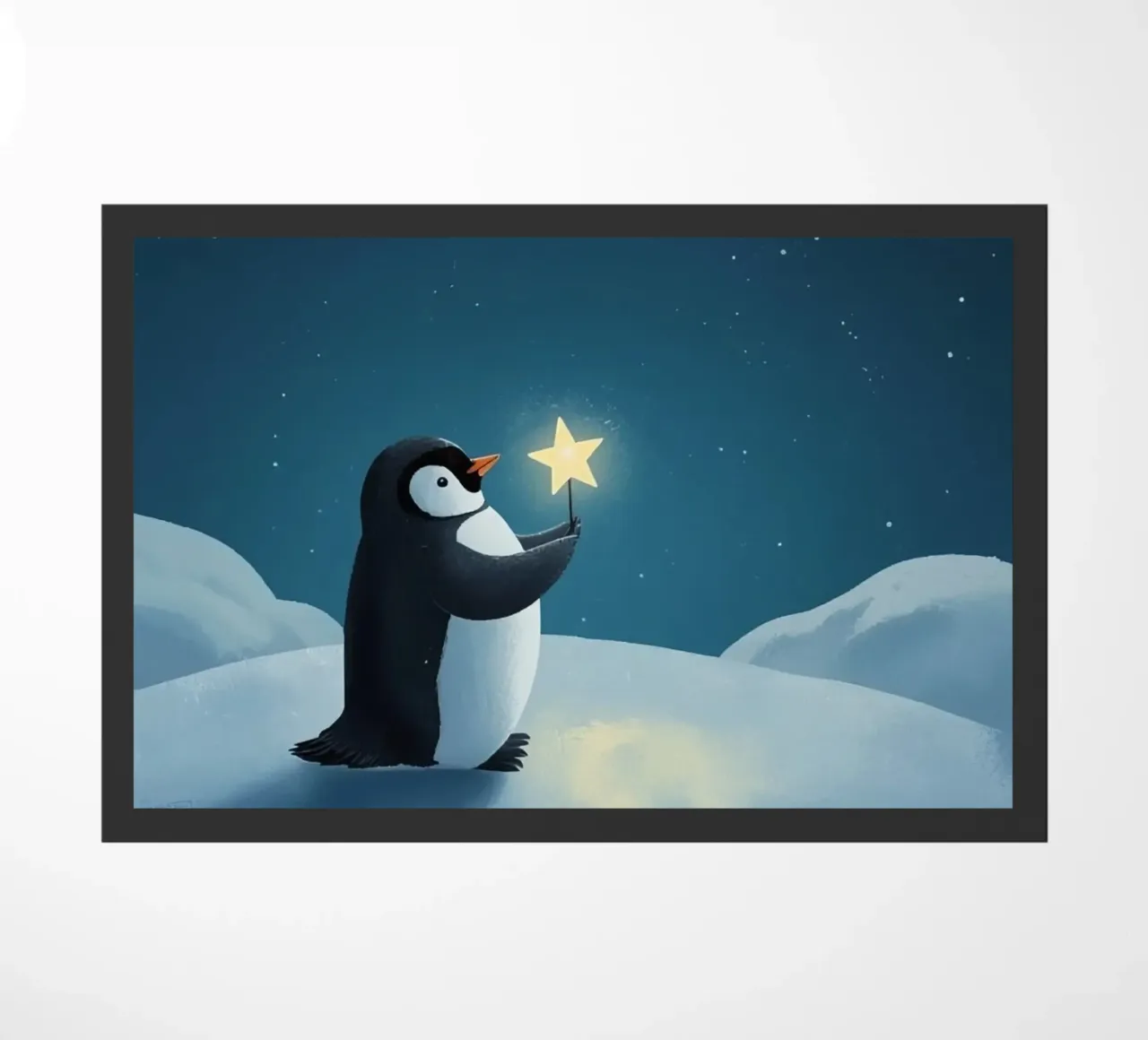 Pinguino con stella su collina innevata di notte zerbino da DesignDoodle