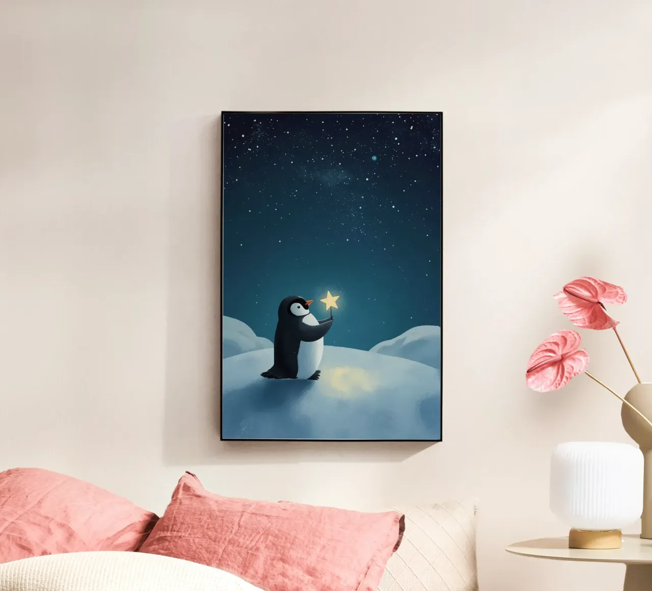 Pinguino con stella su collina innevata di notte plexiglass da DesignDoodle