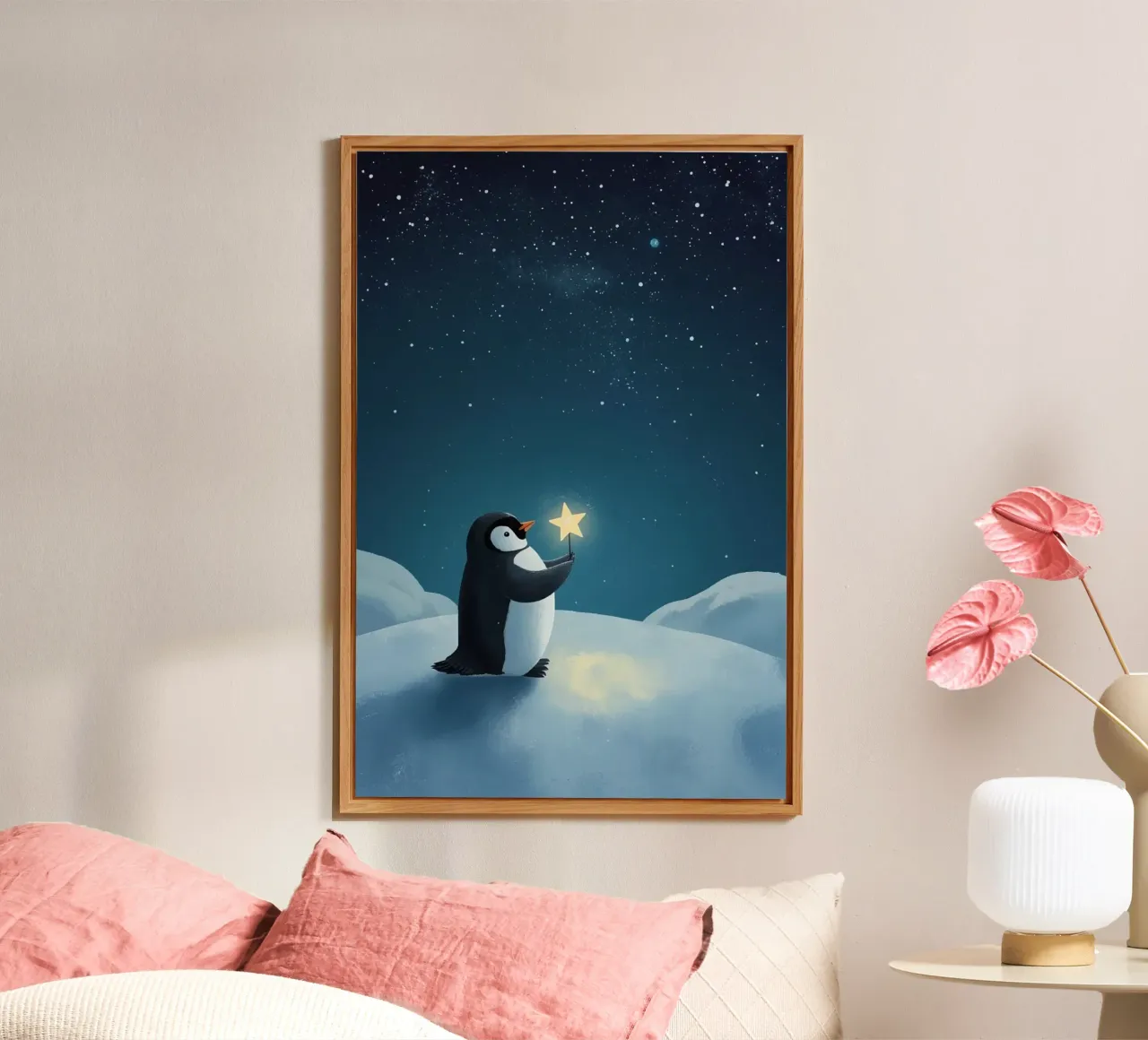 Pinguino con stella su collina innevata di notte alluminio dibond da DesignDoodle