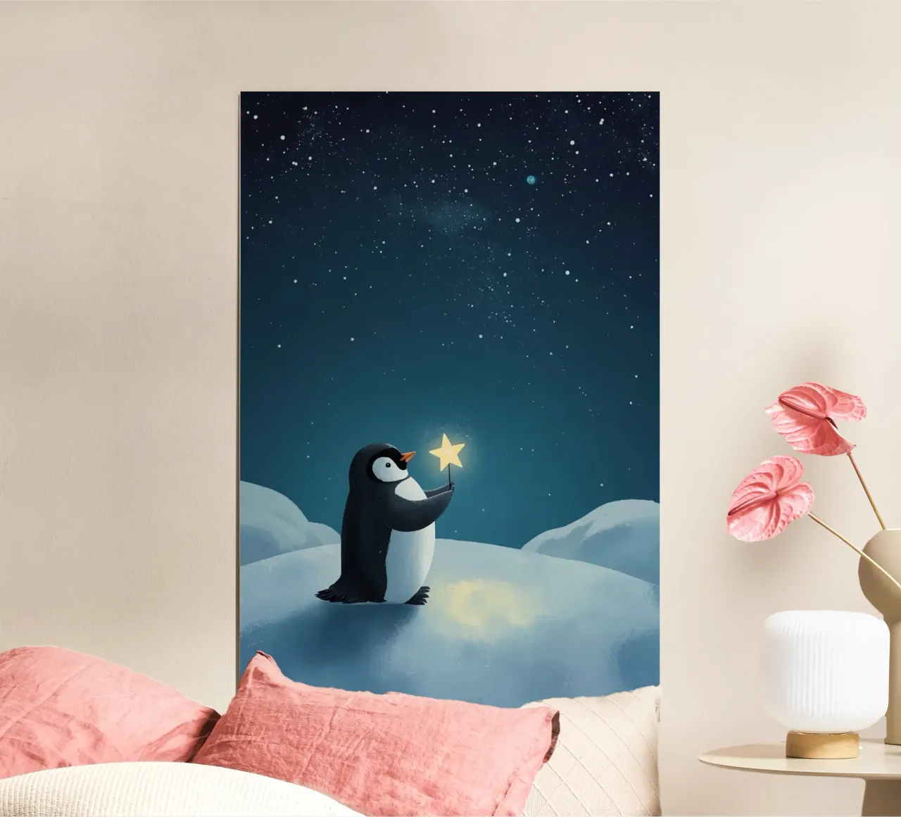 Pinguino con stella su collina innevata di notte carta hahnemühle da DesignDoodle