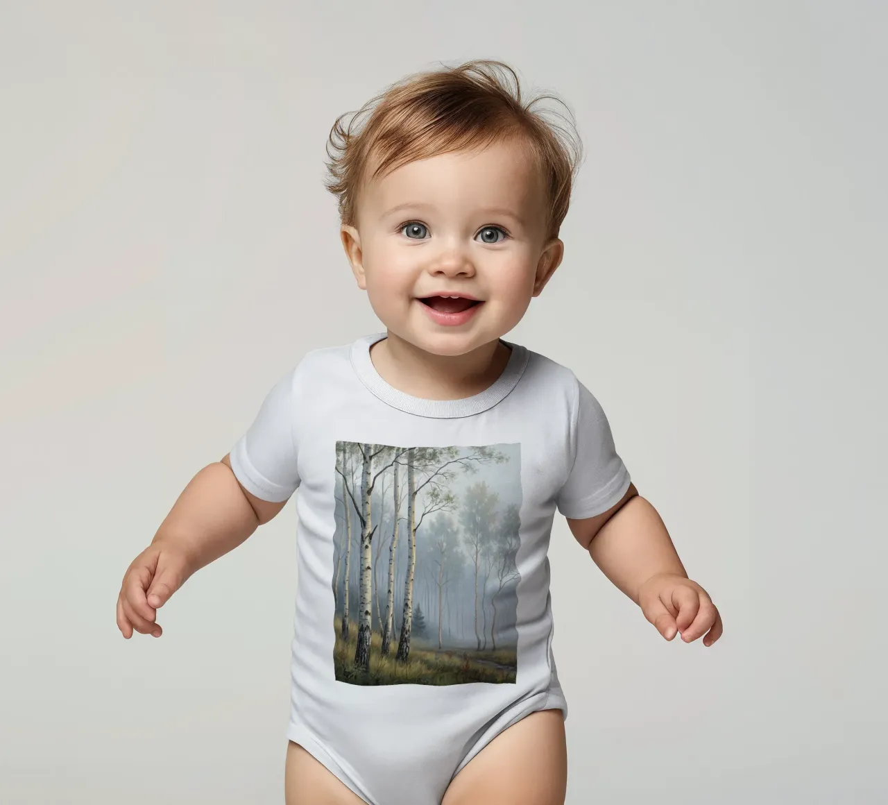 Path Through a Misty Birch and Aspen Forest short-sleeve baby romper by Artistic-shop