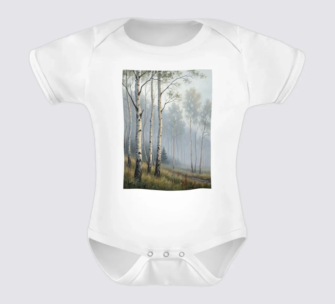 Path Through a Misty Birch and Aspen Forest short-sleeve baby romper by Artistic-shop