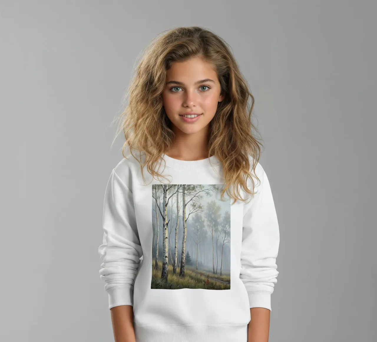 Sentiero attraverso una nebbiosa foresta di betulle e di aspri felpa bambino da Artistic-shop