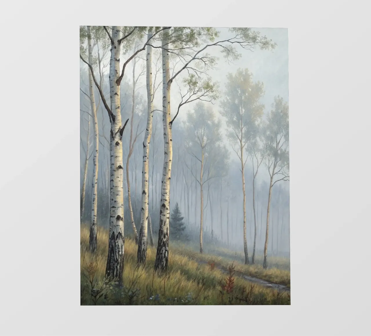 Sentiero attraverso una nebbiosa foresta di betulle e di aspri pellicola backlit da Artistic-shop
