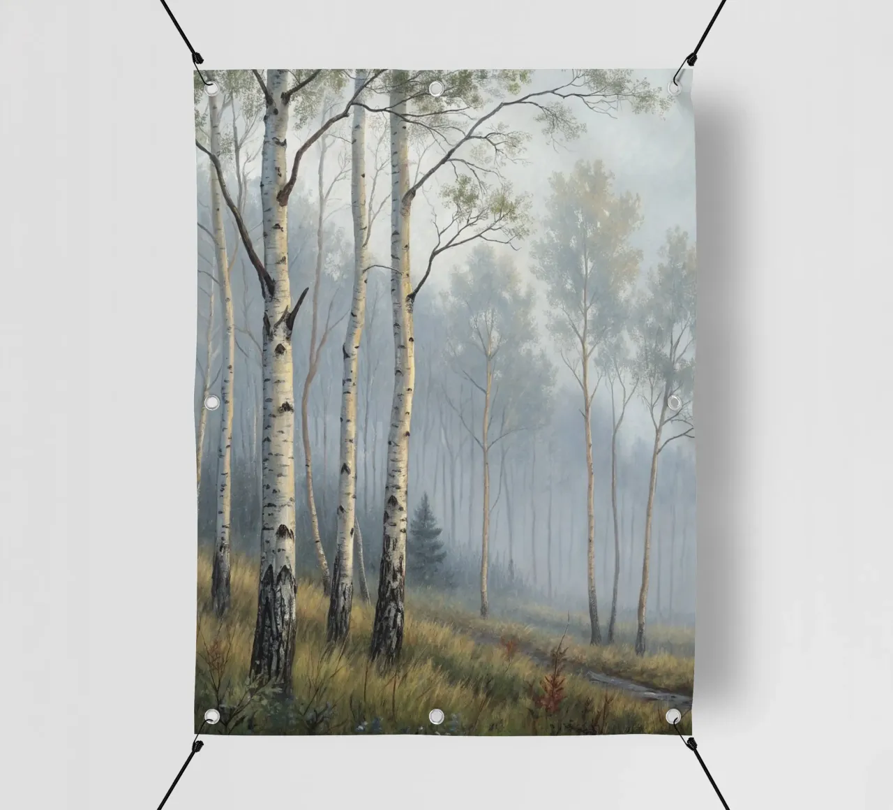 Sentiero attraverso una nebbiosa foresta di betulle e di aspri telo in pvc da Artistic-shop