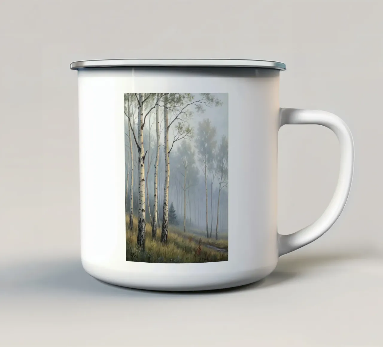 Path Through a Misty Birch and Aspen Forest enamel mug by Artistic-shop