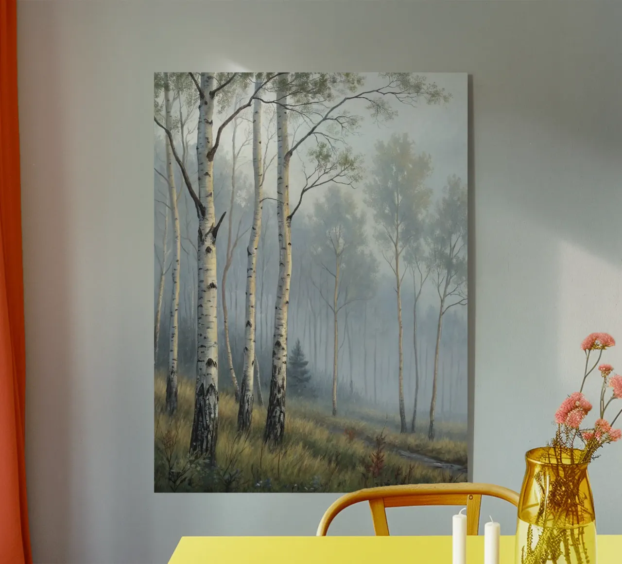Sentiero attraverso una nebbiosa foresta di betulle e di aspri plexiglass da Artistic-shop