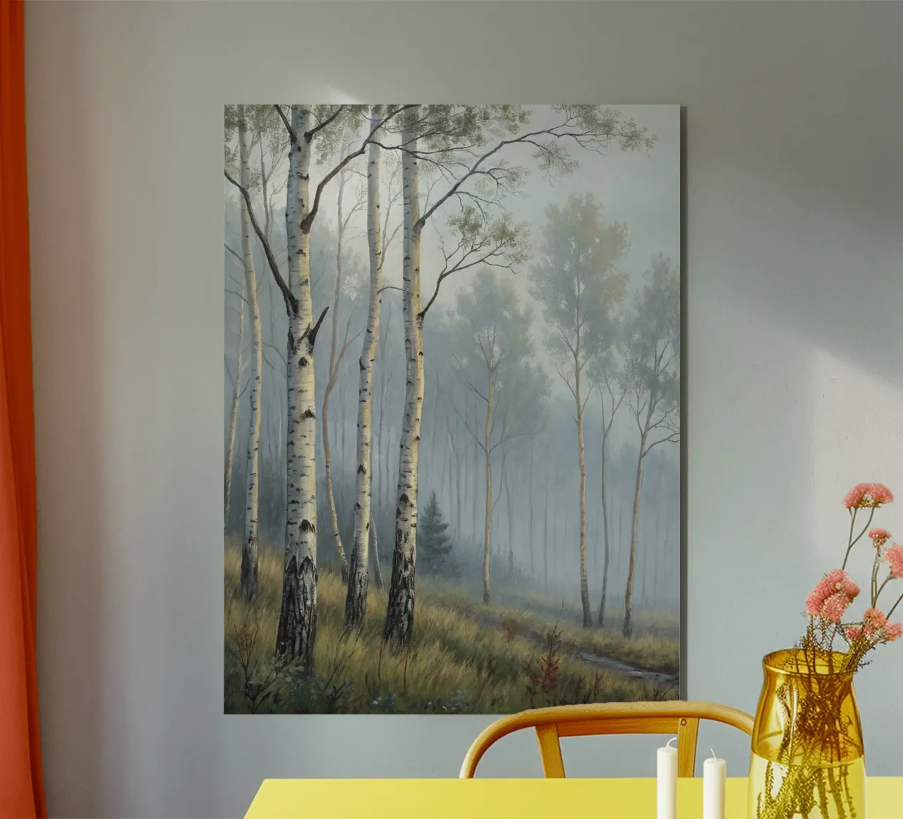 Sentiero attraverso una nebbiosa foresta di betulle e di aspri alluminio dibond da Artistic-shop