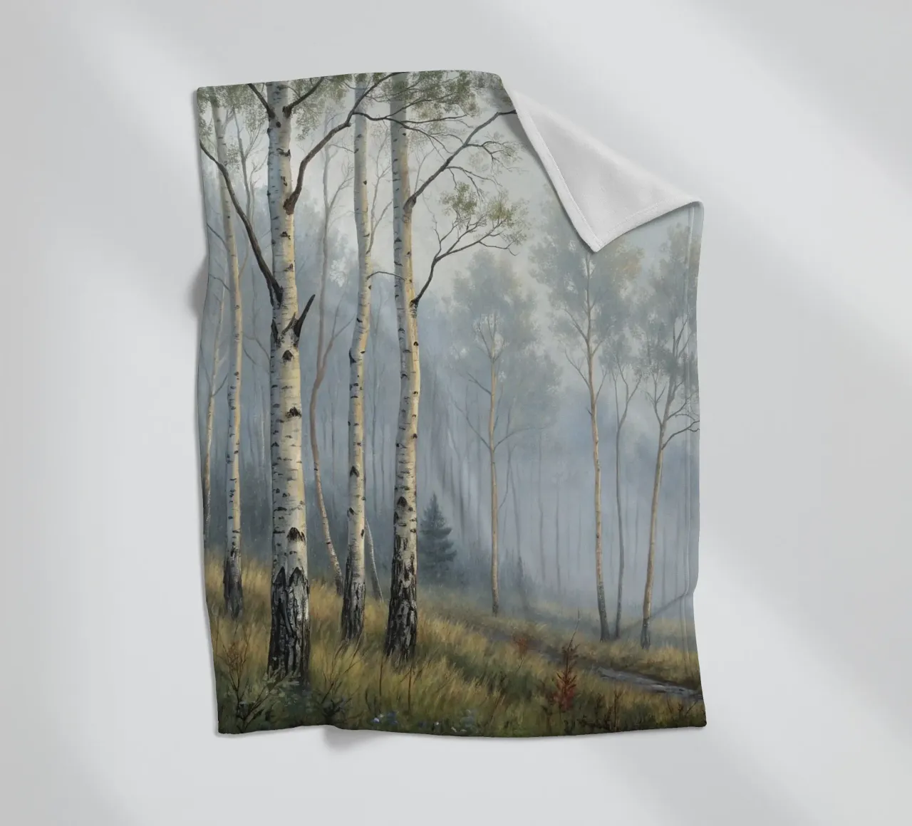 Path Through a Misty Birch and Aspen Forest fleece blanket by Artistic-shop