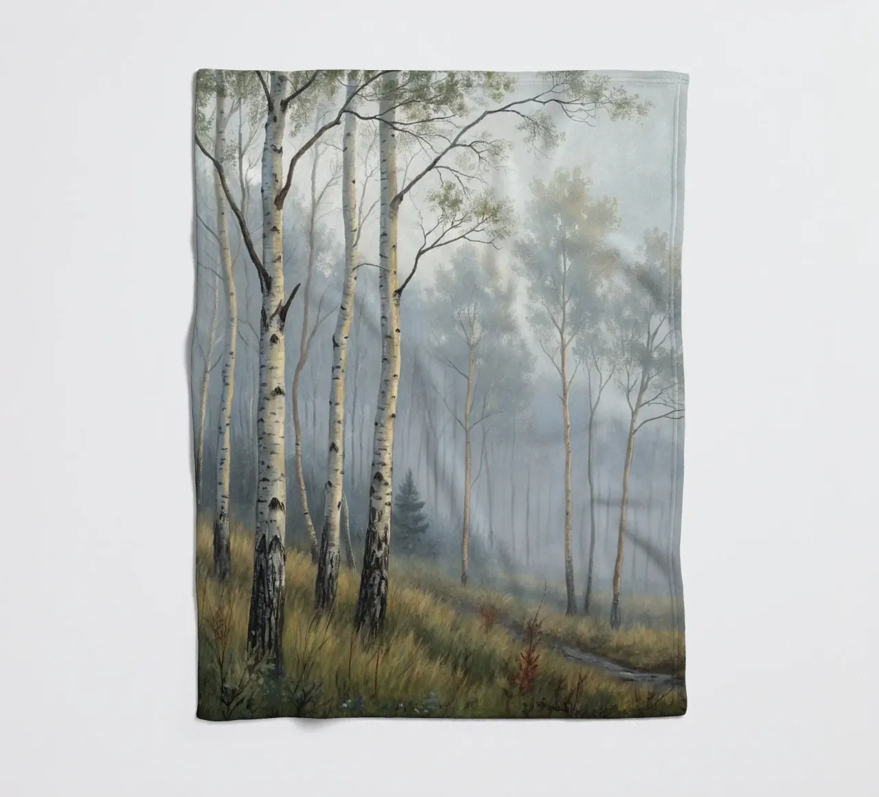 Path Through a Misty Birch and Aspen Forest fleece blanket by Artistic-shop