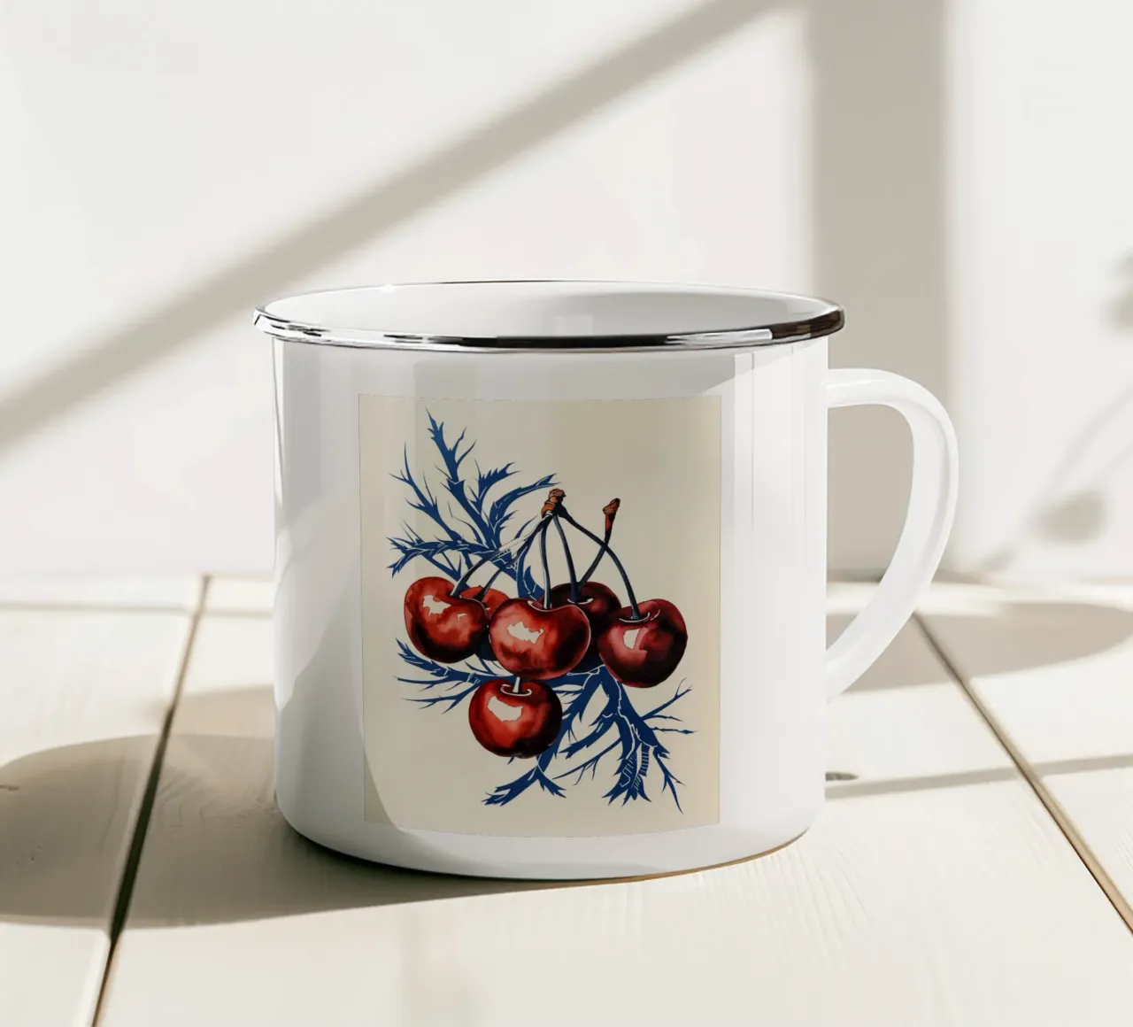 Ciliegie cremisi su rami di mezzanotte tazza in smalto da Artistic-shop