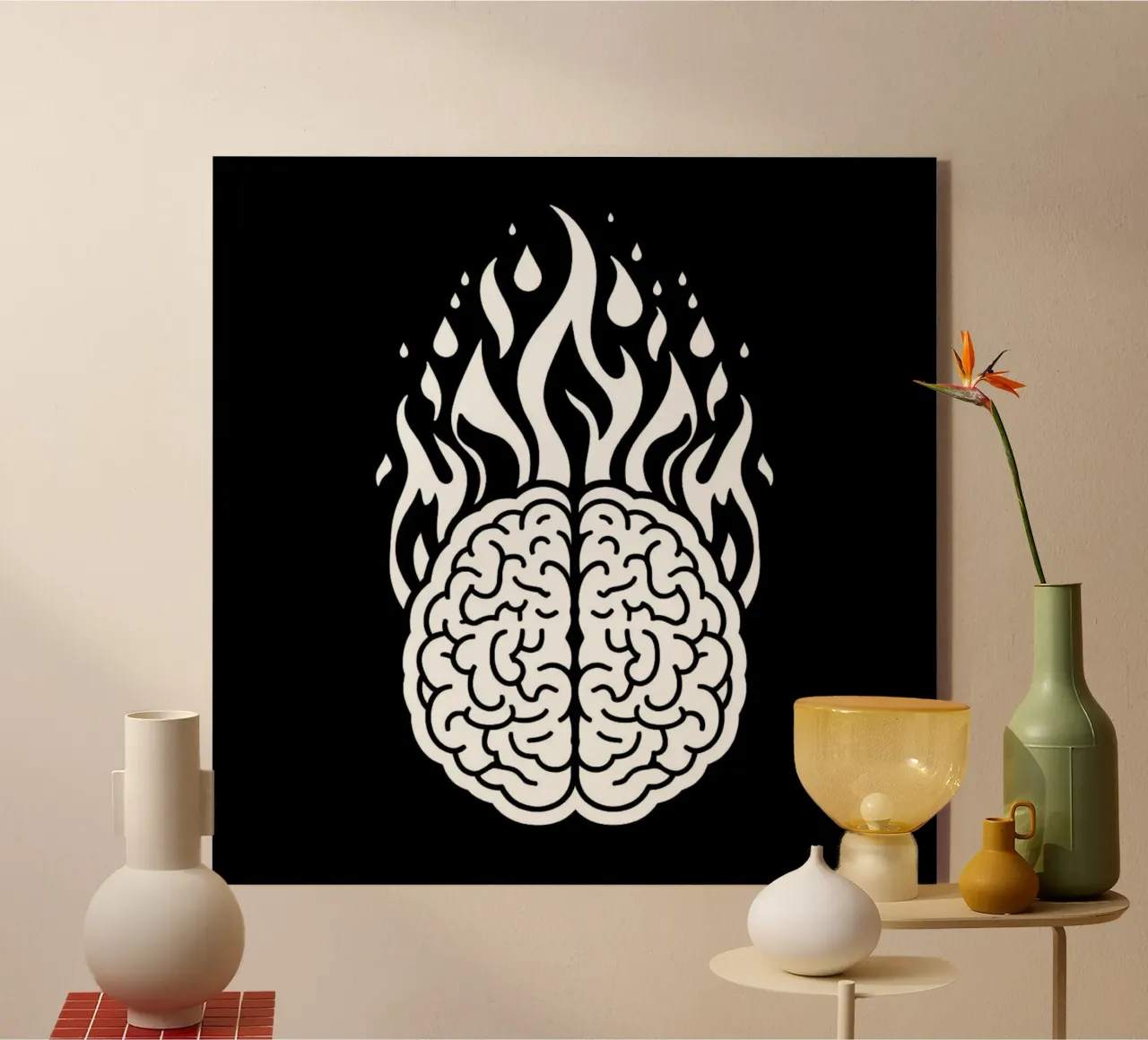 Mente accesa: Un cervello che brucia con le fiamme plexiglass da Artistic-shop