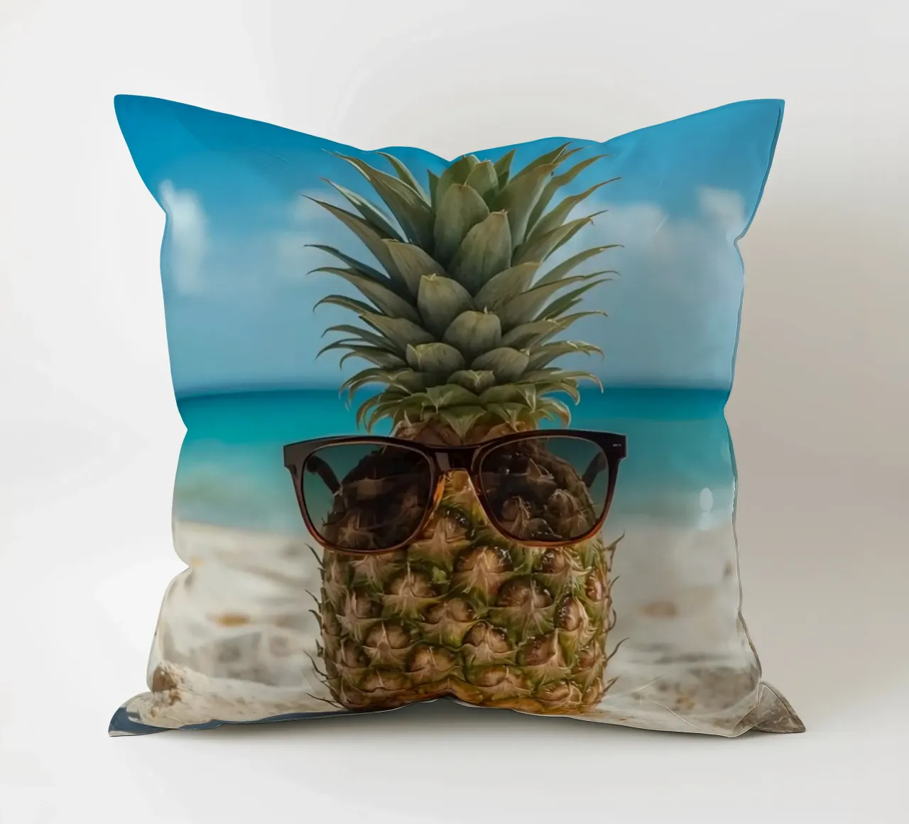Ananas cool con occhiali da sole sulla spiaggia sabbiosa cuscino da DesignDoodle