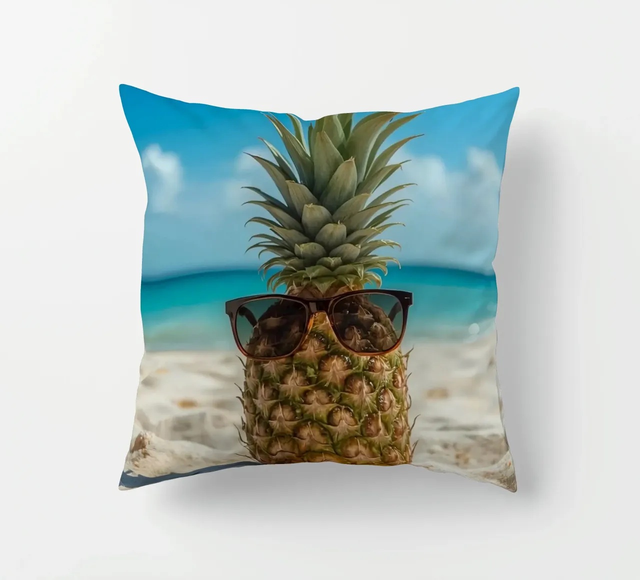 Ananas cool con occhiali da sole sulla spiaggia sabbiosa cuscino da DesignDoodle
