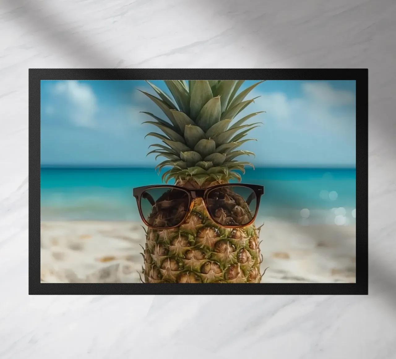 Ananas cool con occhiali da sole sulla spiaggia sabbiosa zerbino da DesignDoodle