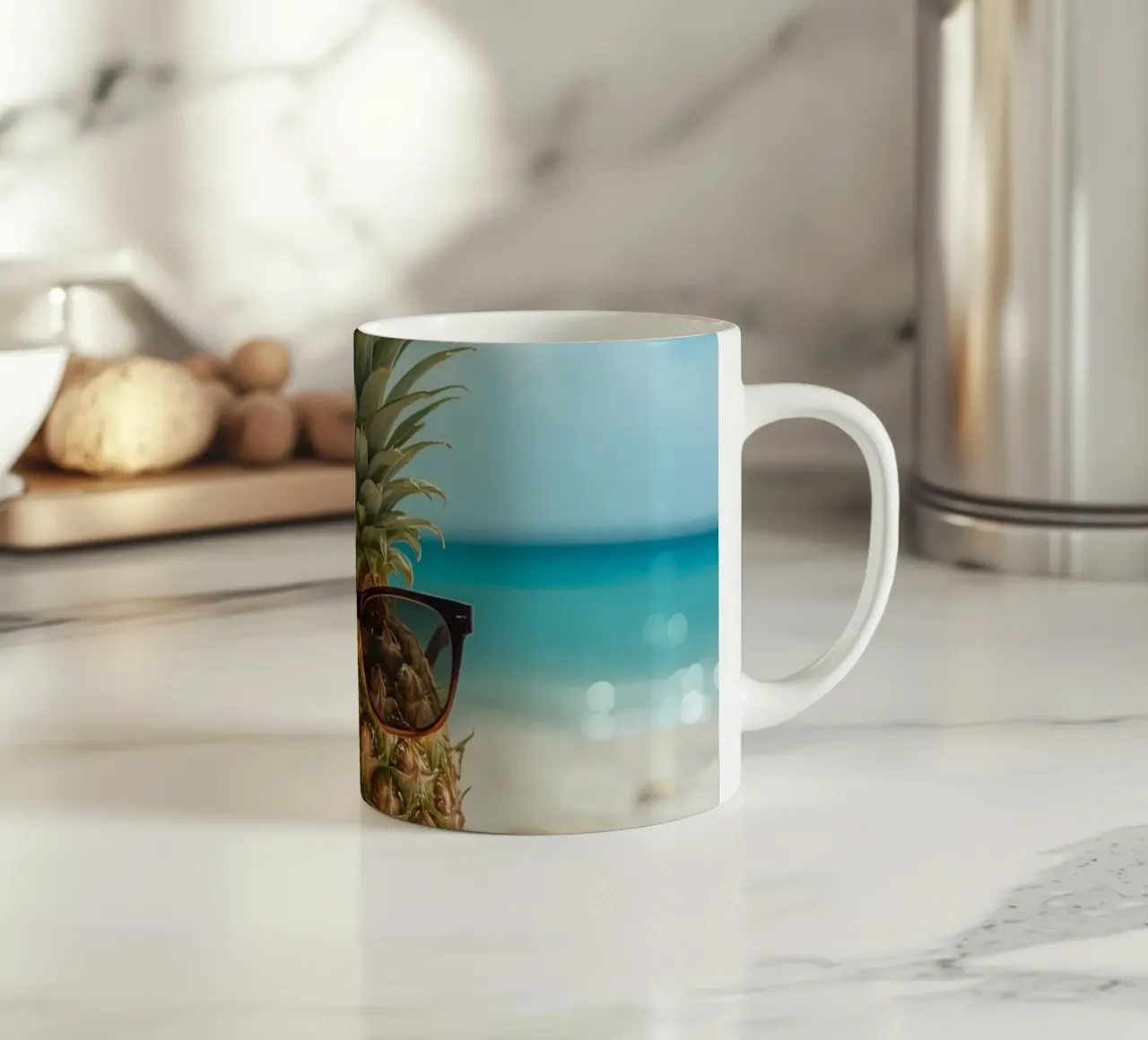 Ananas cool con occhiali da sole sulla spiaggia sabbiosa tazza in ceramica da DesignDoodle