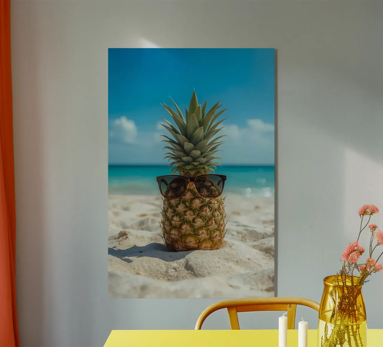 Ananas cool con occhiali da sole sulla spiaggia sabbiosa plexiglass da DesignDoodle