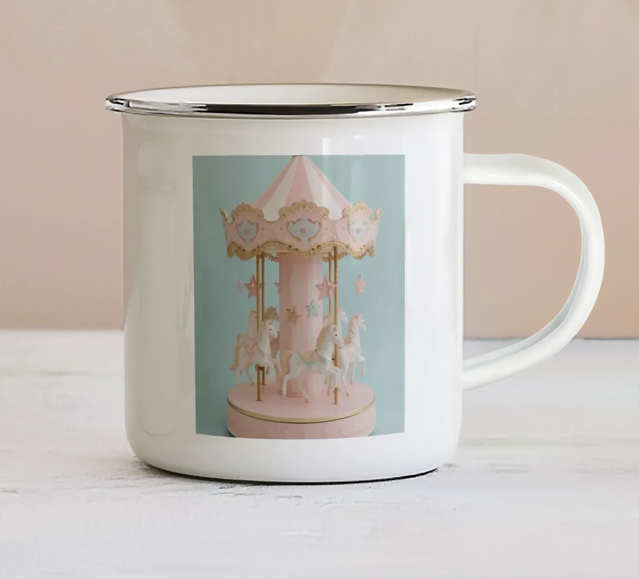 Giostra rosa e bianca con cavalli tazza in smalto da DesignDoodle