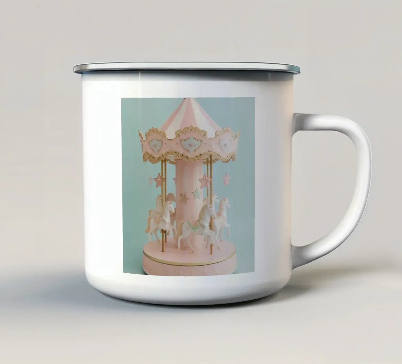 Giostra rosa e bianca con cavalli tazza in smalto da DesignDoodle