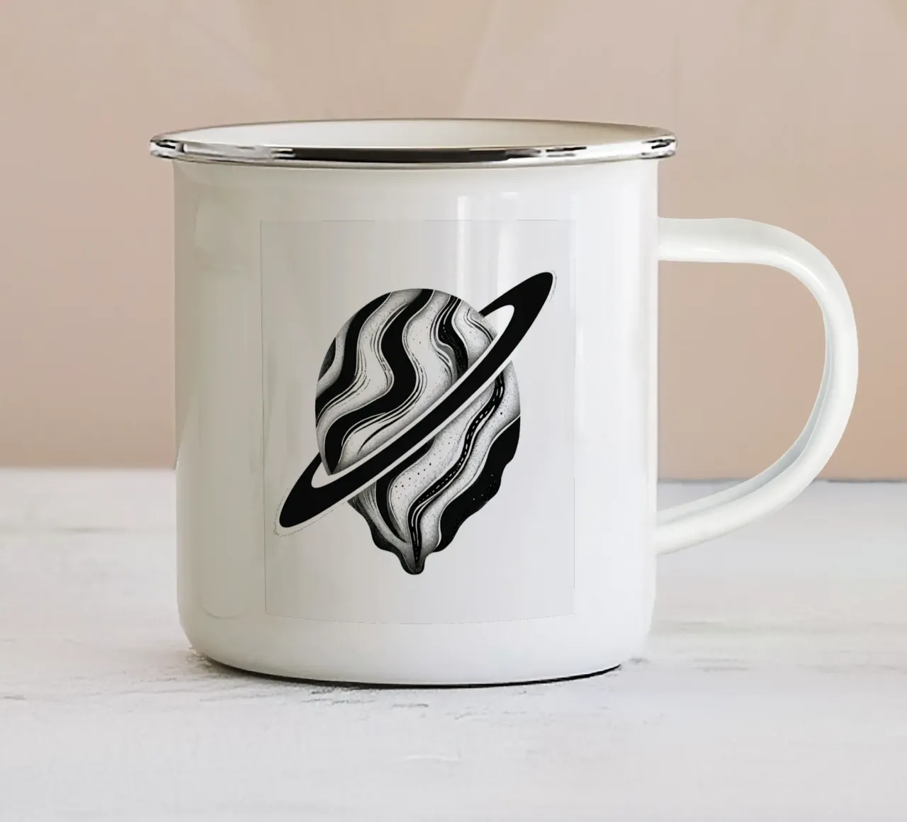 Il crollo cosmico: L'orbita piangente di un Saturno distopico tazza in smalto da Artistic-shop
