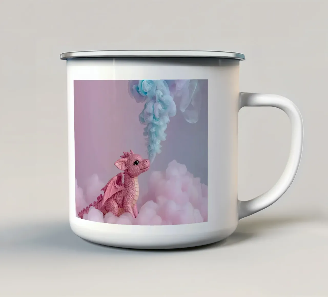 Figurina di drago rosa con fumo su nuvole rosa tazza in smalto da DesignDoodle