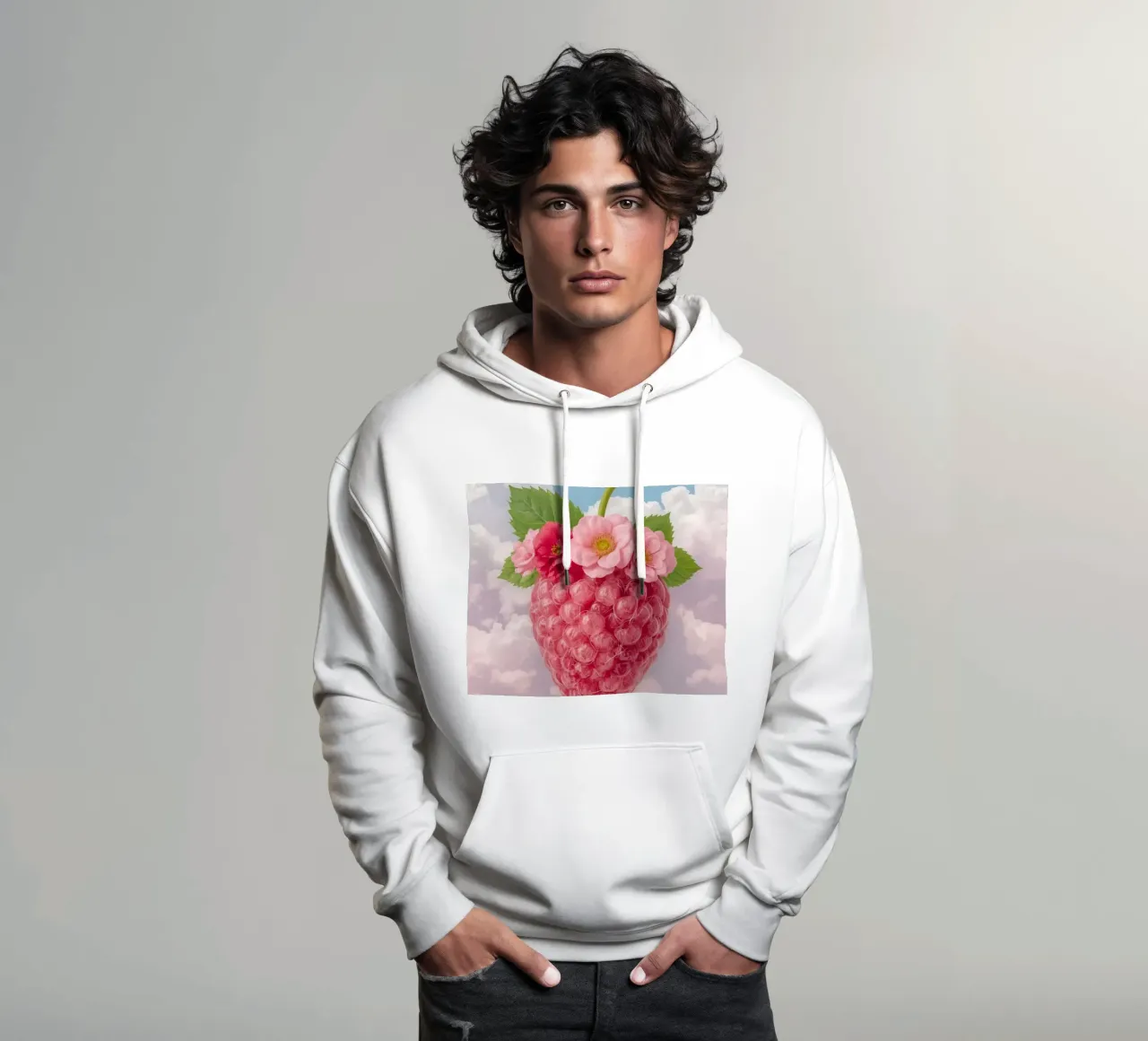 Lampone rosa con fiori e foglie nel cielo felpa con cappuccio da DesignDoodle