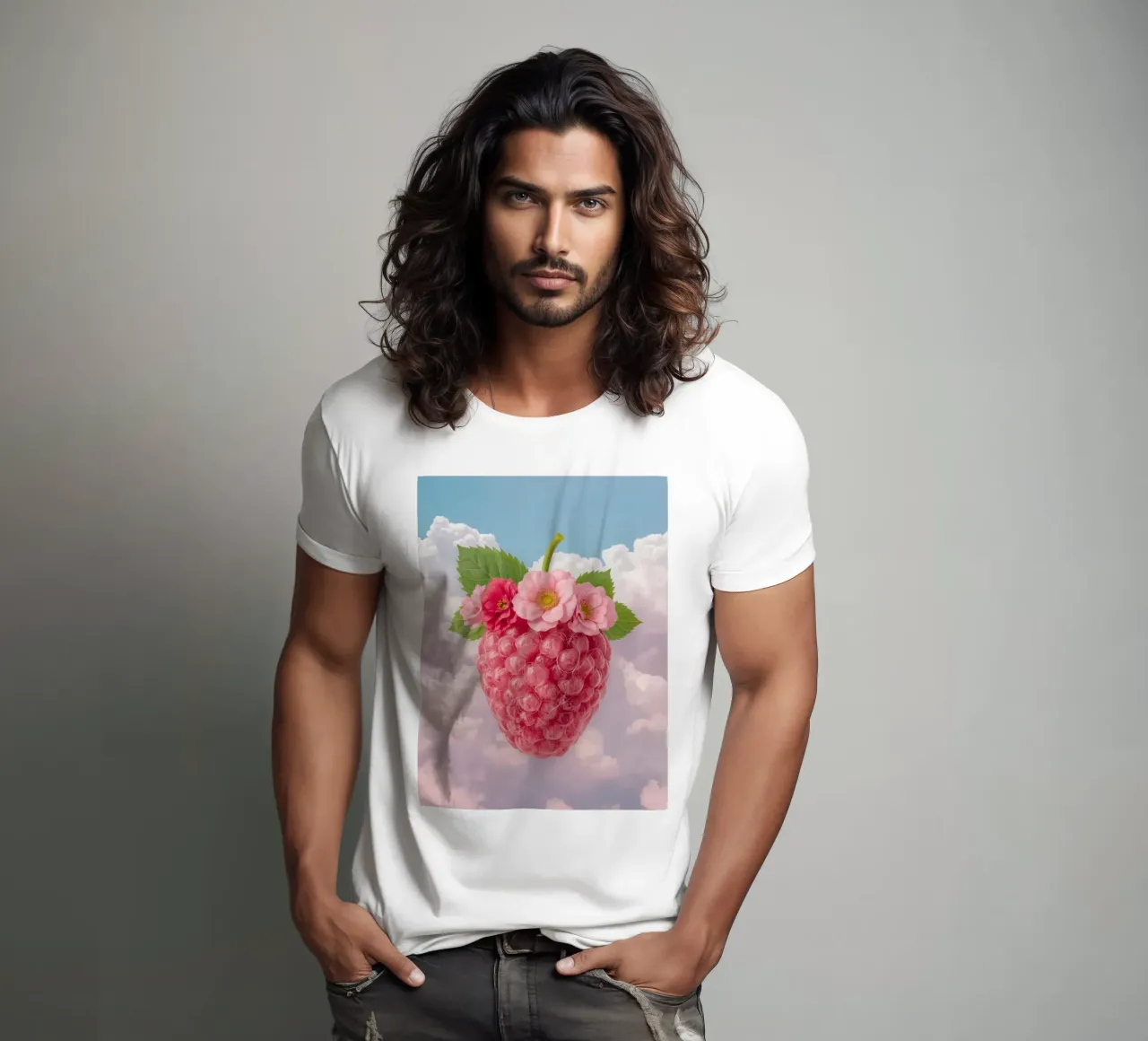 Pink Raspberry with Flowers and Leaves in Sky t-shirt by DesignDoodle