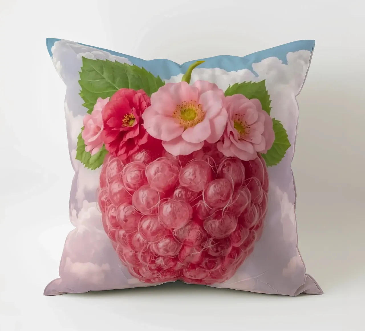 Lampone rosa con fiori e foglie nel cielo cuscino da DesignDoodle
