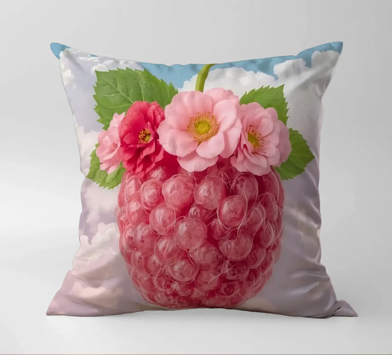 Lampone rosa con fiori e foglie nel cielo cuscino da DesignDoodle