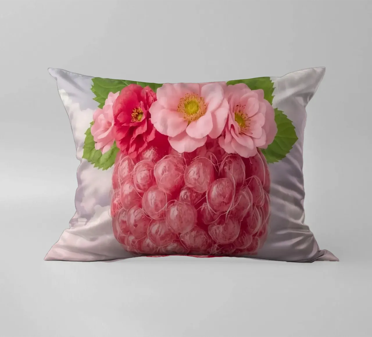 Lampone rosa con fiori e foglie nel cielo cuscino da DesignDoodle