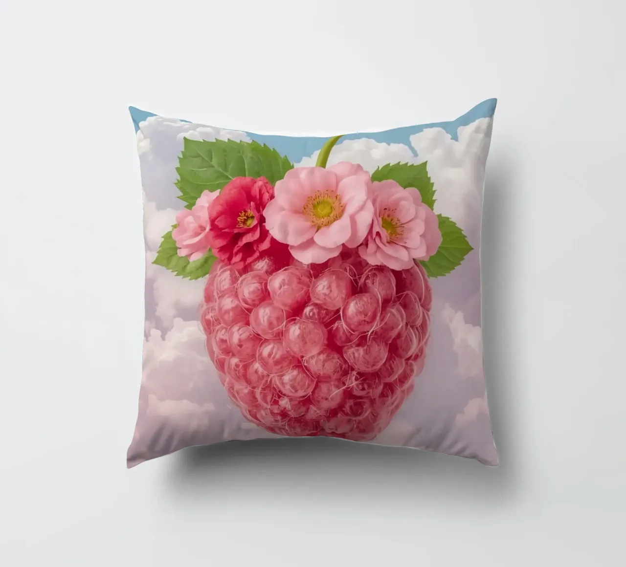Lampone rosa con fiori e foglie nel cielo cuscino da DesignDoodle