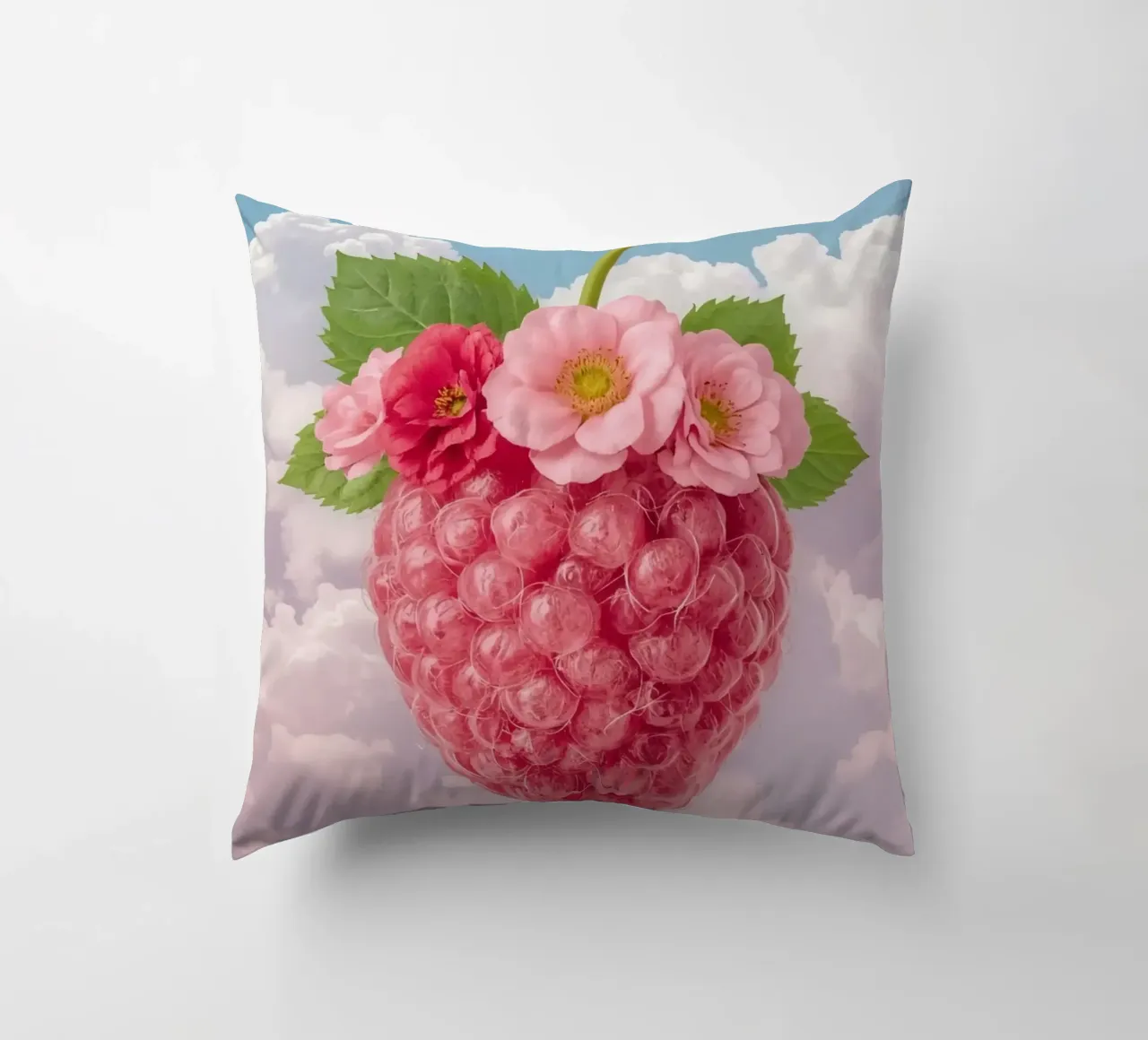 Lampone rosa con fiori e foglie nel cielo cuscino da DesignDoodle