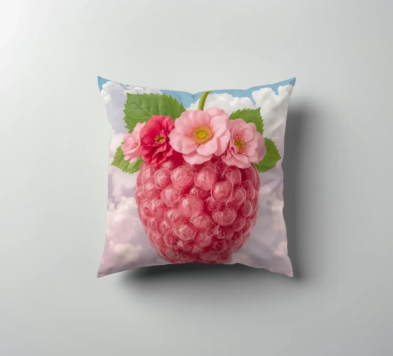 Lampone rosa con fiori e foglie nel cielo cuscino da DesignDoodle