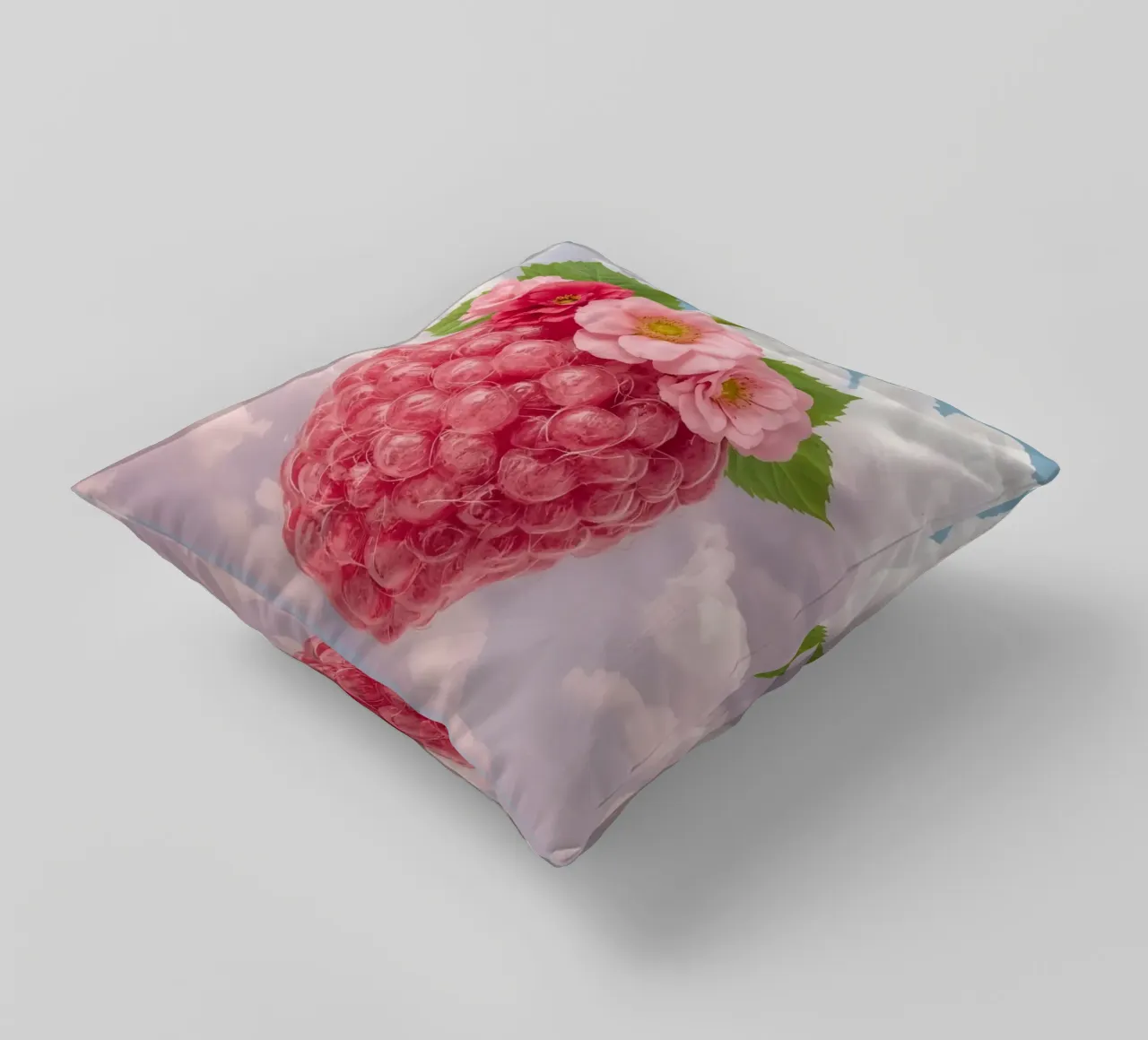 Lampone rosa con fiori e foglie nel cielo cuscino da DesignDoodle
