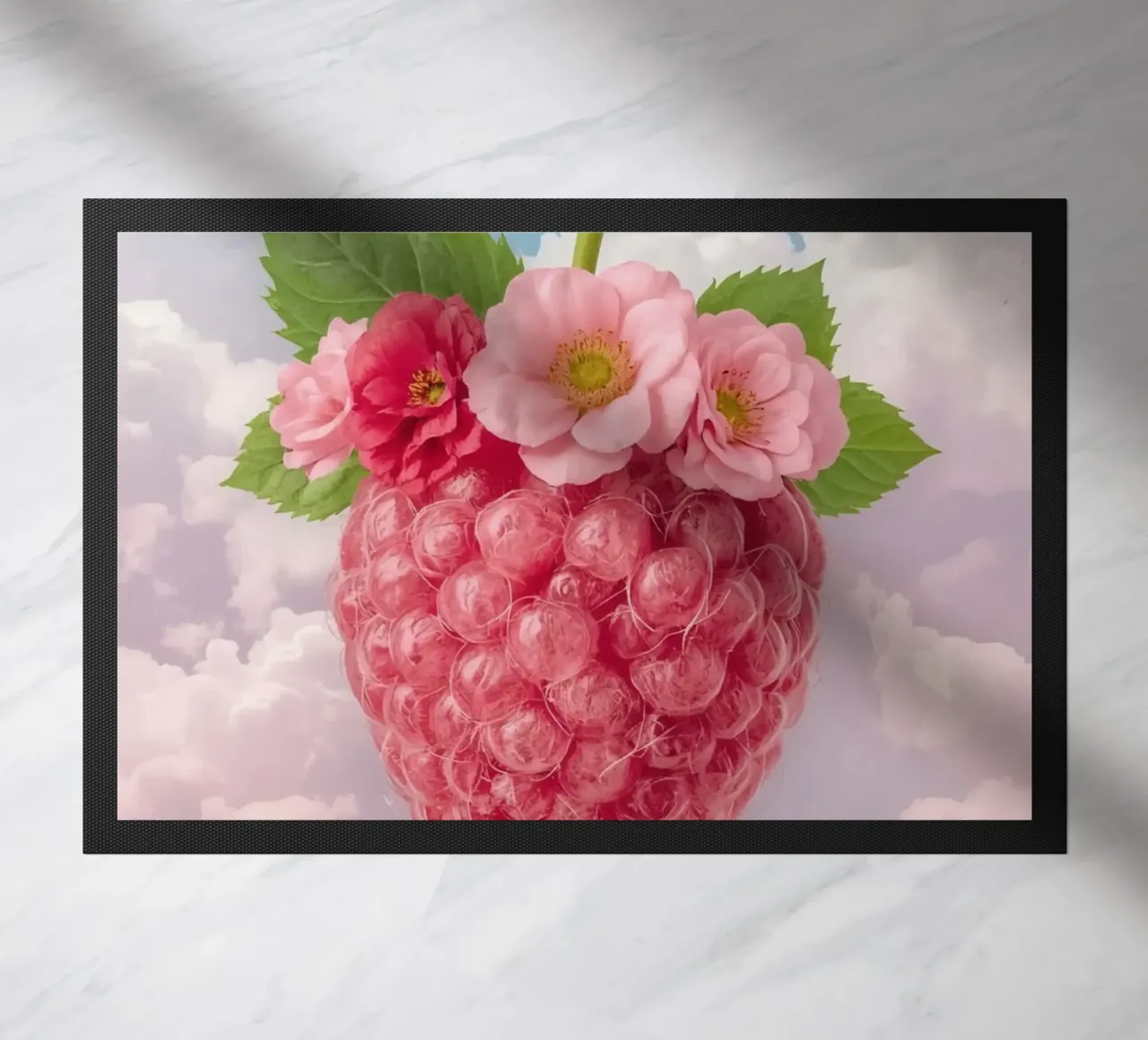 Lampone rosa con fiori e foglie nel cielo zerbino da DesignDoodle