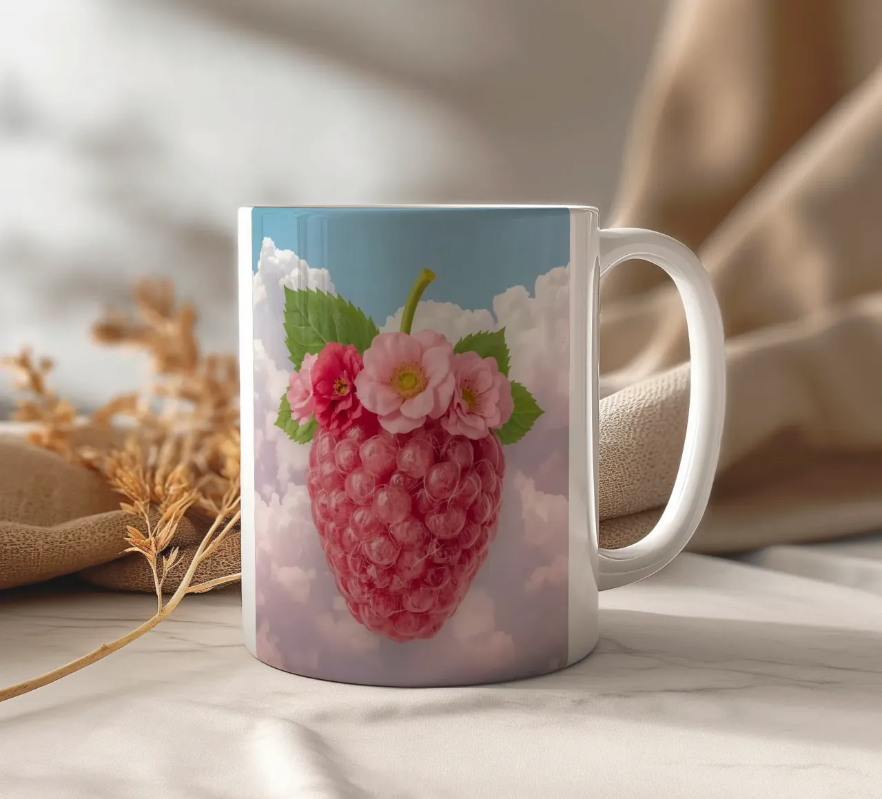 Lampone rosa con fiori e foglie nel cielo tazza in ceramica da DesignDoodle