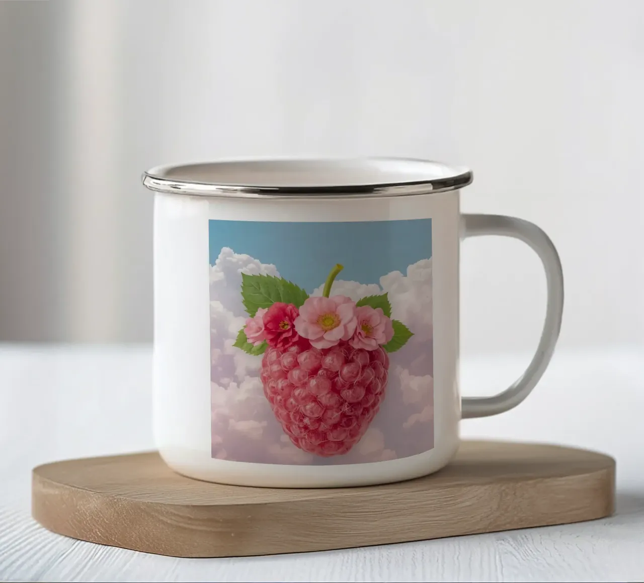 Pink Raspberry with Flowers and Leaves in Sky enamel mug by DesignDoodle
