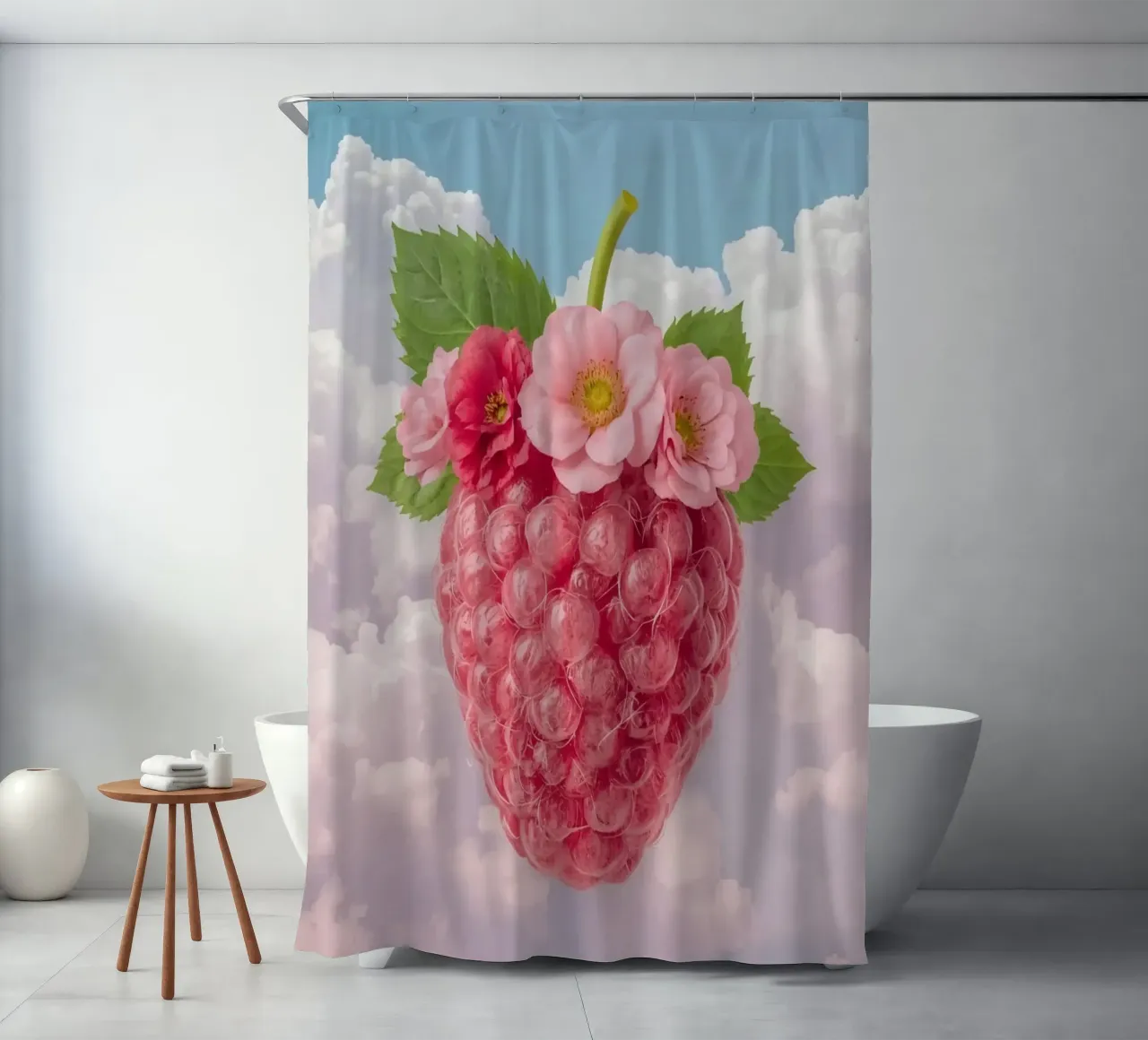 Lampone rosa con fiori e foglie nel cielo tenda da doccia da DesignDoodle