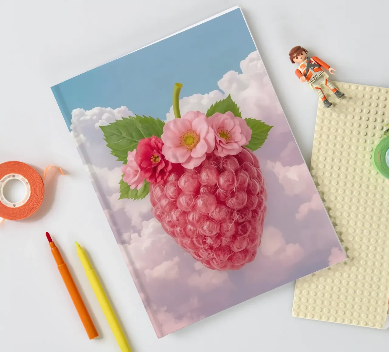 Pink Raspberry with Flowers and Leaves in Sky notebook by DesignDoodle