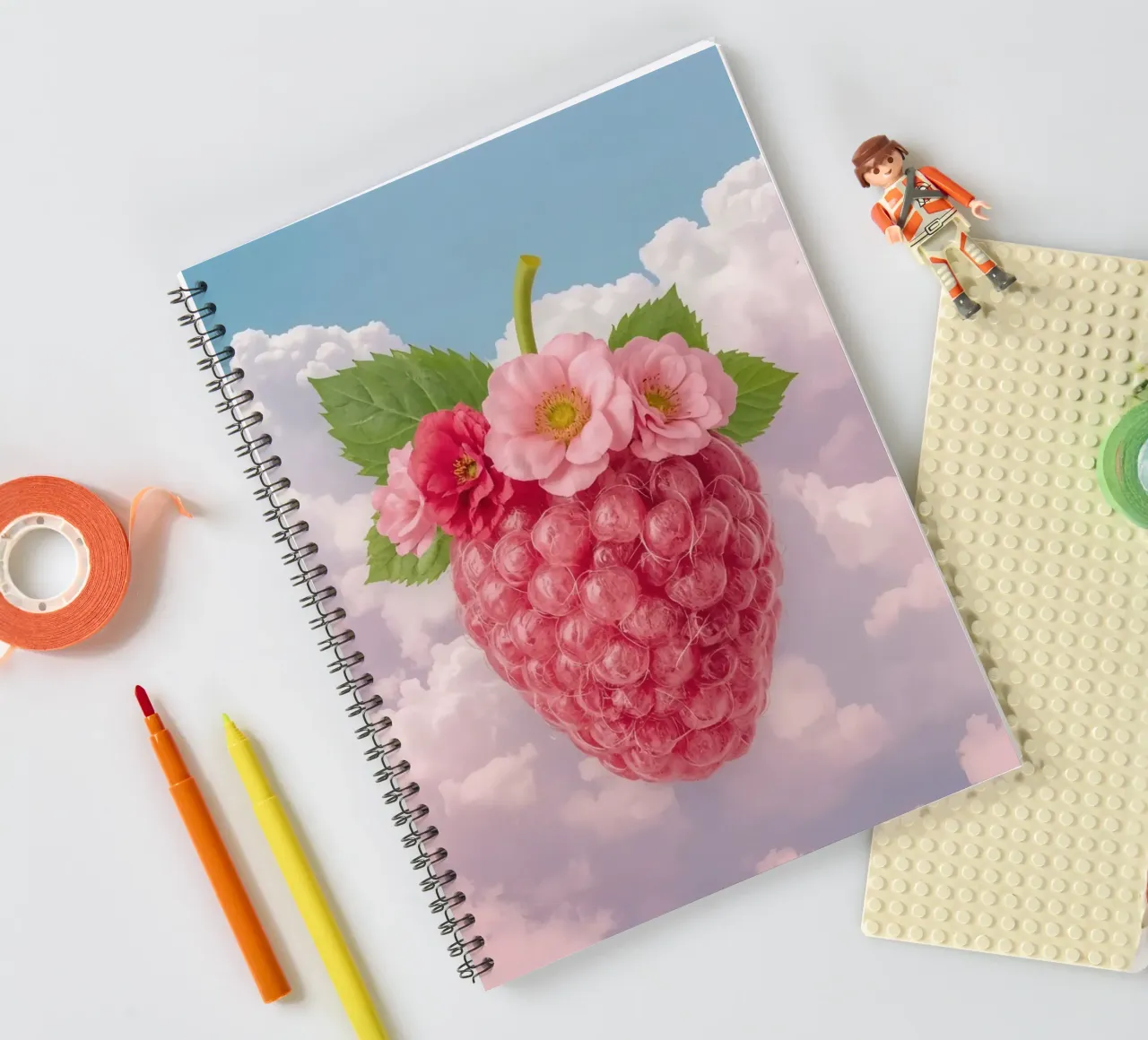 Pink Raspberry with Flowers and Leaves in Sky spiral notebook by DesignDoodle